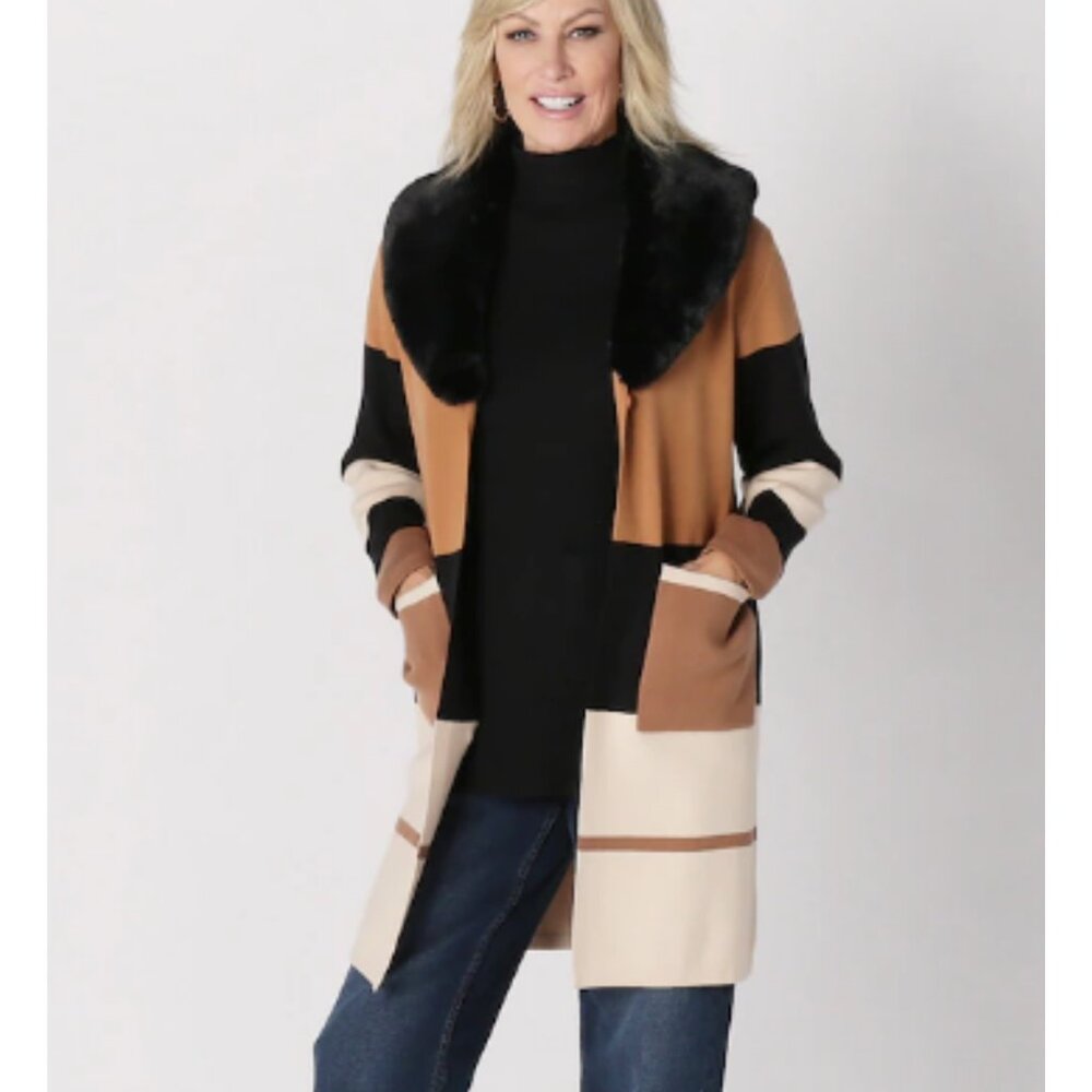 Brian Bailey Knit Brown Colour Block Maxi Cardigan Jacket, Faux Fur, Medium